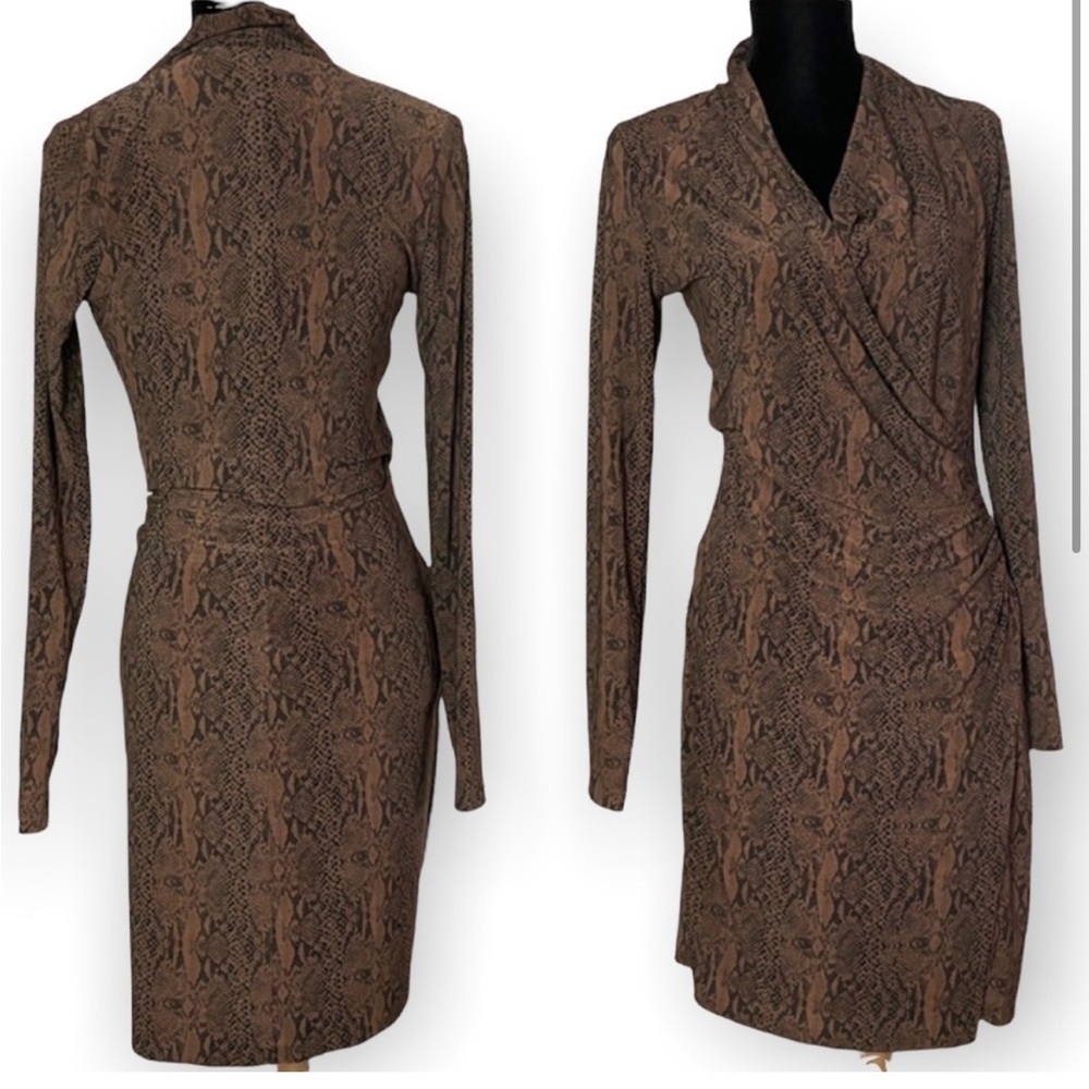 Norma Kamali women’s snake reptile print wrap long sleeve bodycon slinky neutral - Picture 4 of 13